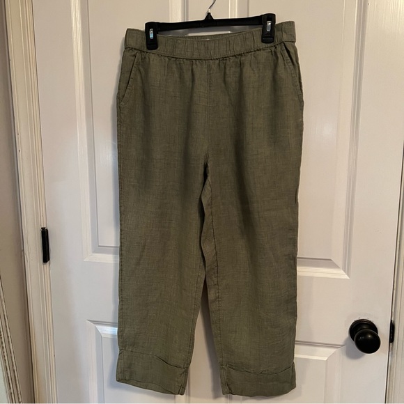 Sigrid Olsen Sage Green 100% Linen‎ Wide Leg Elastic Waist Relaxed Capri Size L - Picture 1 of 9